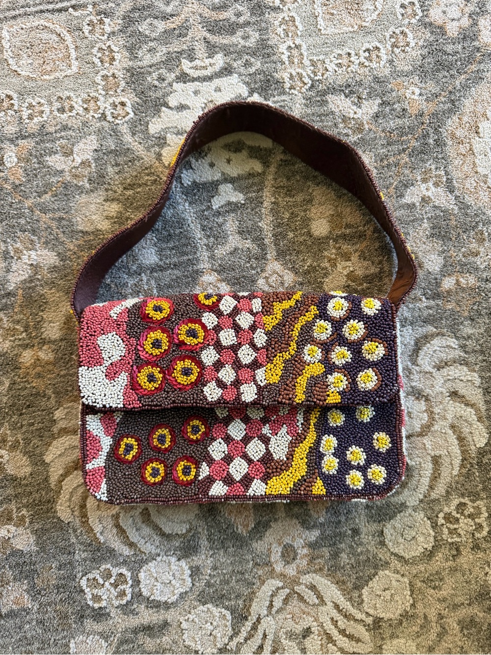 Artisan Beaded Shoulder Bag in Multicolor Floral Dot Pattern